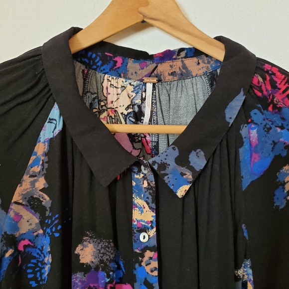 XS Black Floral Free People Oversized Button Blouse Shirt - Picture 9 of 9